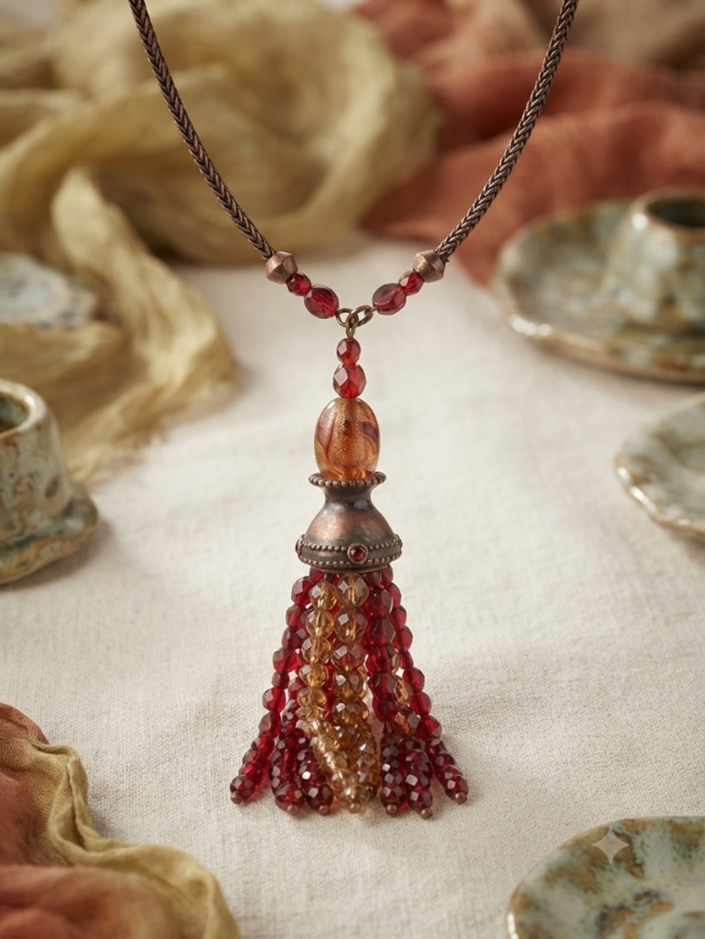 Vintage Inspired necklace Red & Bronzed Plastic Bead Tassel bronze age fashions